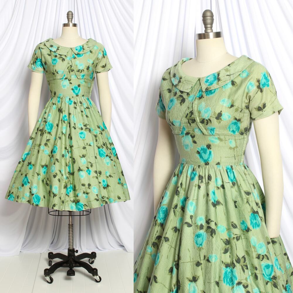 Vintage 1950s Dress 50s Rose Floral Print Green Cotton Fit and Flare Day Dress